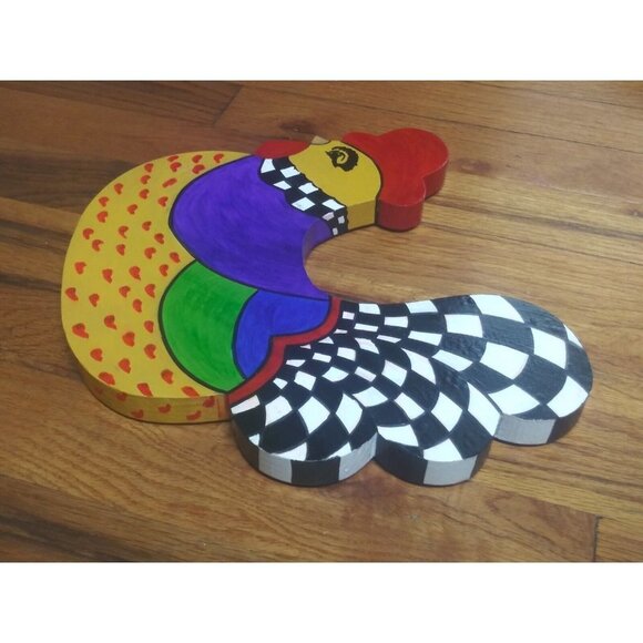 whimsical Rooster Figurine wood wall-hanging Multicolor & black white checkered - Picture 6 of 15